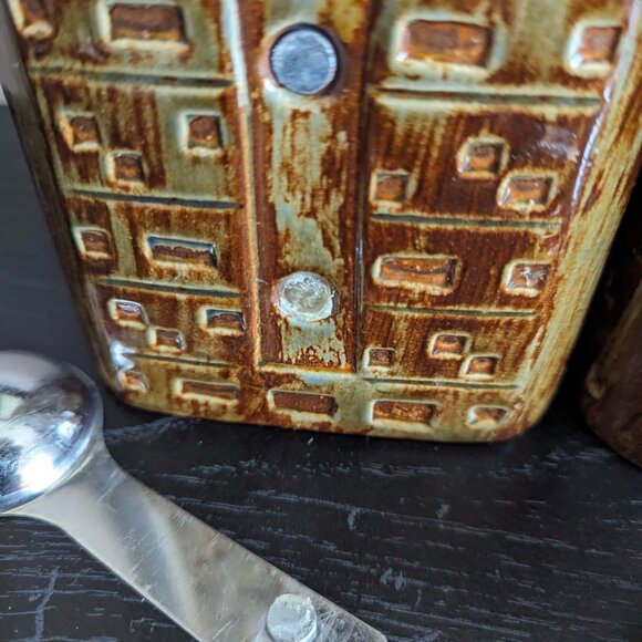 Pier One Imports Stoneware Canister Set Metal Megnet Scoops Textured - Picture 5 of 15